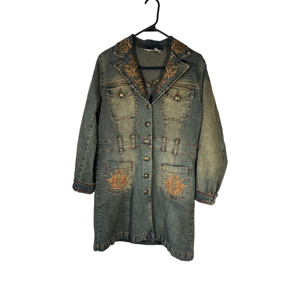 DG2 Diane Gilman Women's‎ Jean Jacket Embroidered Studs Grunge Mid Length XS